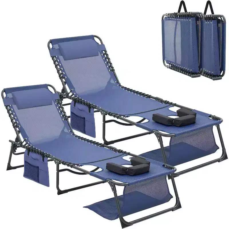 MooxvMoo 2PCS Tanning Chair with Face Hole, Folding Beach Chaise Lounge Chair with Carrying Handle, Side Pocket, 5-Position Adjustable, Blue