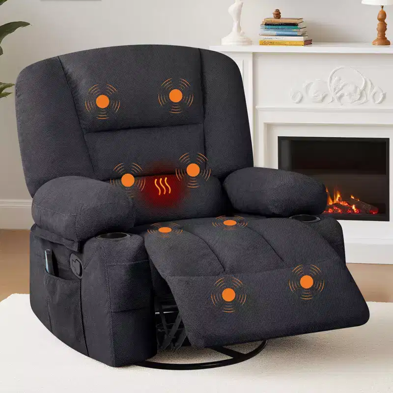 Rocker Recliner Chair with Massage & Heating – 360° Swivel, Extra Wide, Chenille or PU
