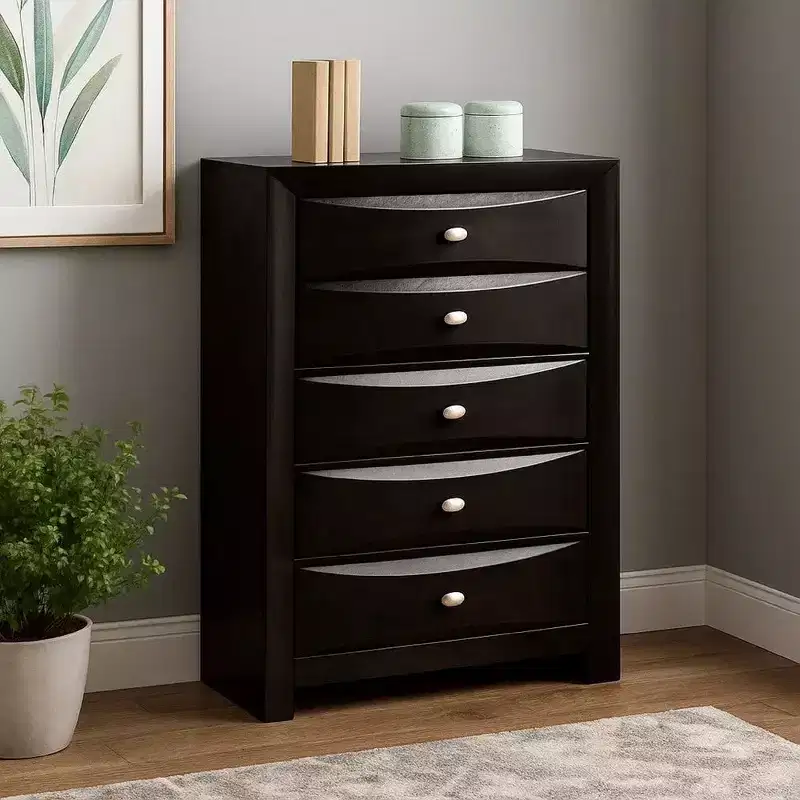 Royal Hampton Tall Dresser Chest, 5 Drawers, Chrome Handles, Modern Black Wood