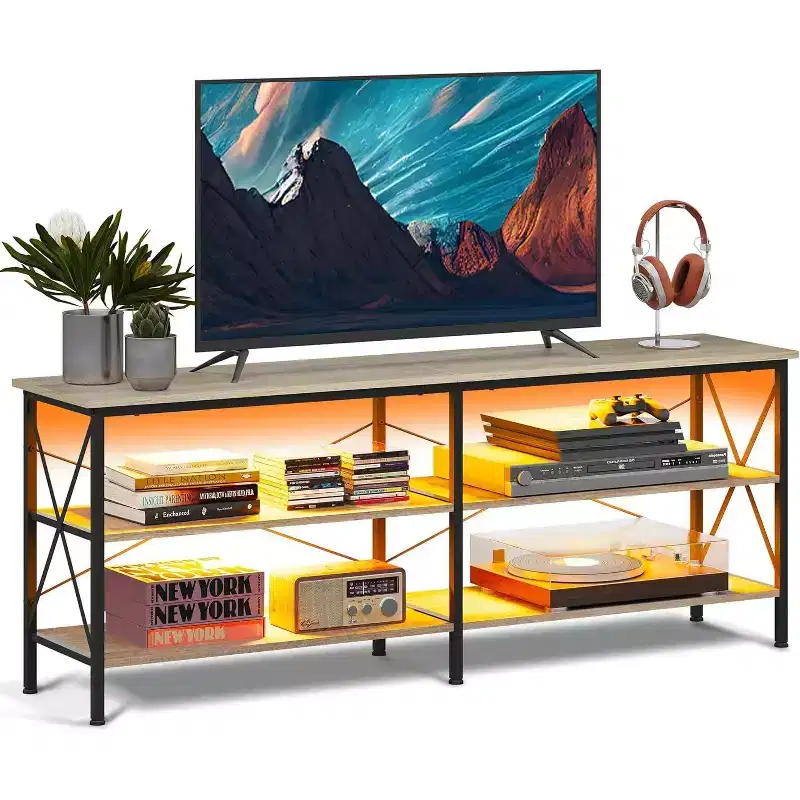 TV Stand for 65-70 inch TV with LED Lights, Gaming Entertainment Center with Storage, Industrial TV Console for Living Room, Greige