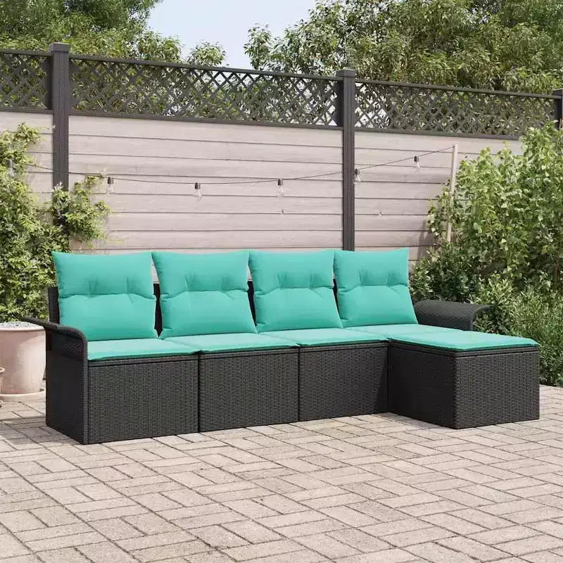 vidaXL Garden Sofa Set with Cushion 5 pcs Black Poly rattan - Black and Turquoise without table
