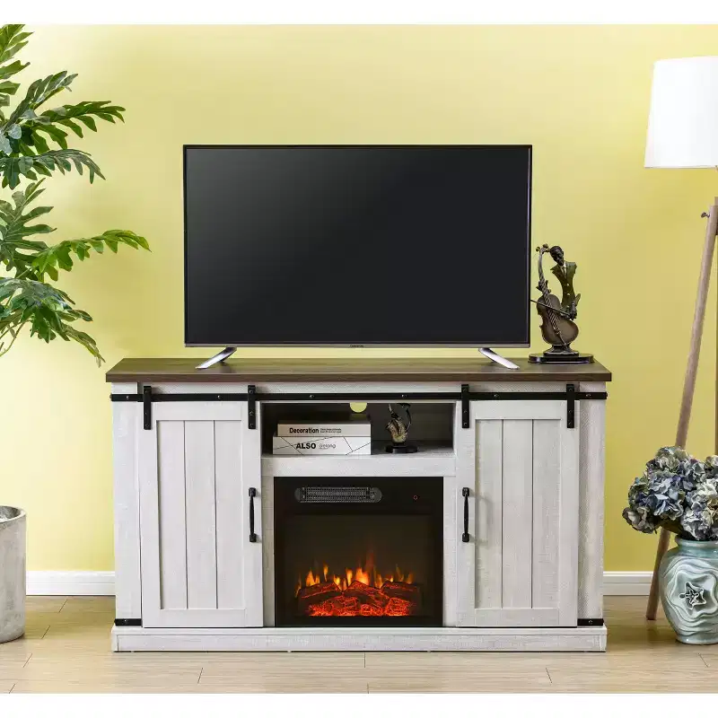 Electric Fireplace Saw Cut TV Stand for TVs up to 60": Home Essentials, Barn Door Console, Cable Management