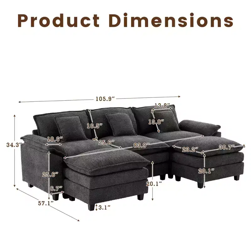 Likepay 105.9 in. Chenille Fabric 5 seat Sectional Sofa with 2 Ottomans