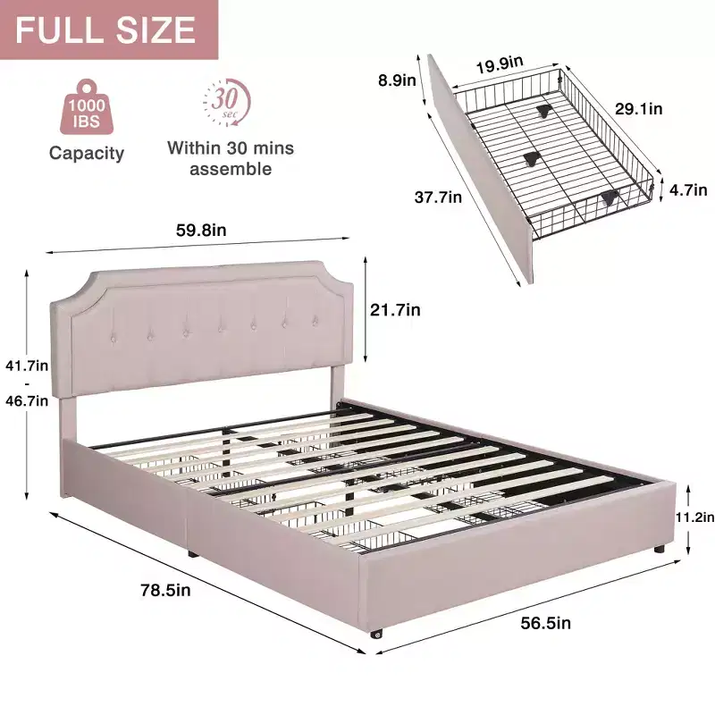 Queen/Full Upholstered Platform Bed Frame with Storage Drawers, Adjustable Headboard and Charging Ports - Beige