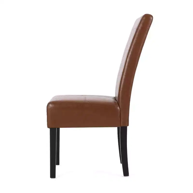 Set of 2 Faux Leather T-Stitch High Back Dining Chairs, Cognac Brown & Espresso Wood Legs