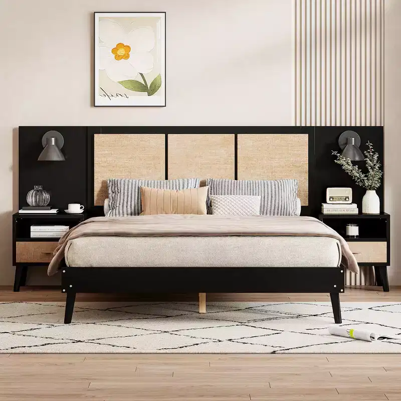 Queen Size Solid Wood & Rattan Bed Frame with 2 Nightstands and Built-In Lighting