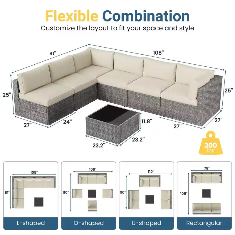 Outdoor 7-Piece Patio Furniture Set, Wicker Patio Conversation Sets with Cushions and Coffee Table, Outdoor Modular Sectional Sofa
