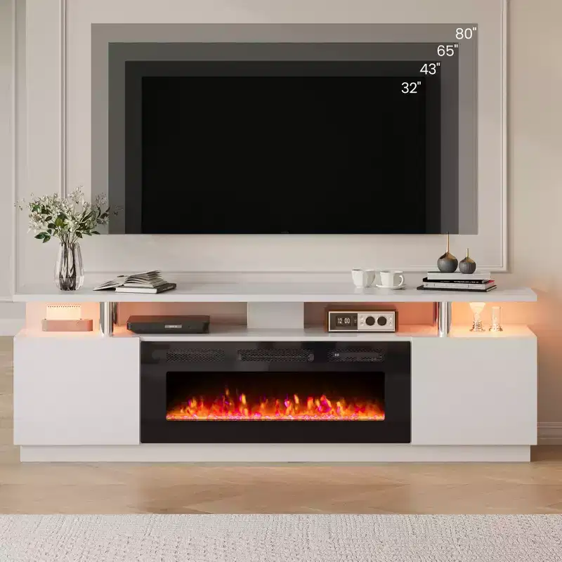 Electric Fireplace TV Stand - 36 Fireplace Heater with 12 Flame Colors 2-Tier Entertainment Center Console with Storage for TVs Up to 80, White