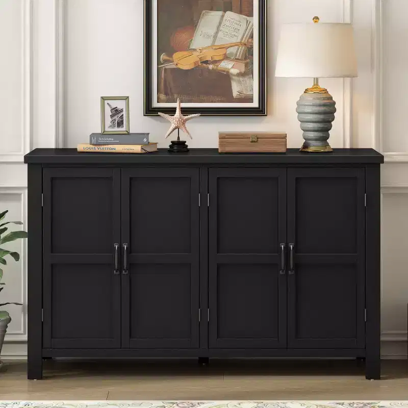 4-Door Sideboard Storage Cabinet with Adjustable Shelves, Retro Dining Room Buffet Cabinet with Pinewood Legs - Panipeachy