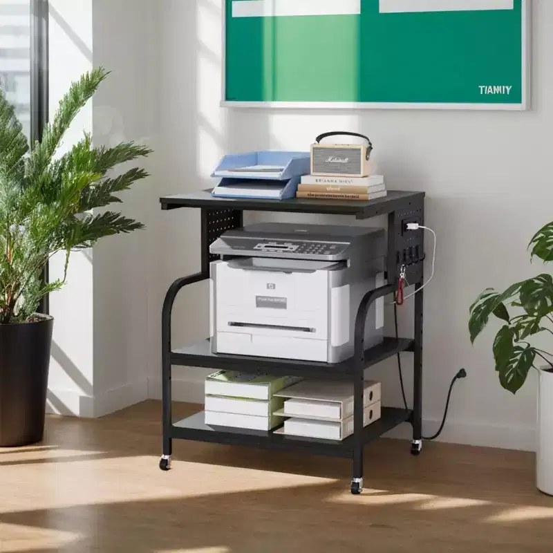 Karl Home 3-Tier Printer Stand with Wheels and Plug Board P2 Particleboard Black Emboss 23.6x18.9x31.5 Inches
