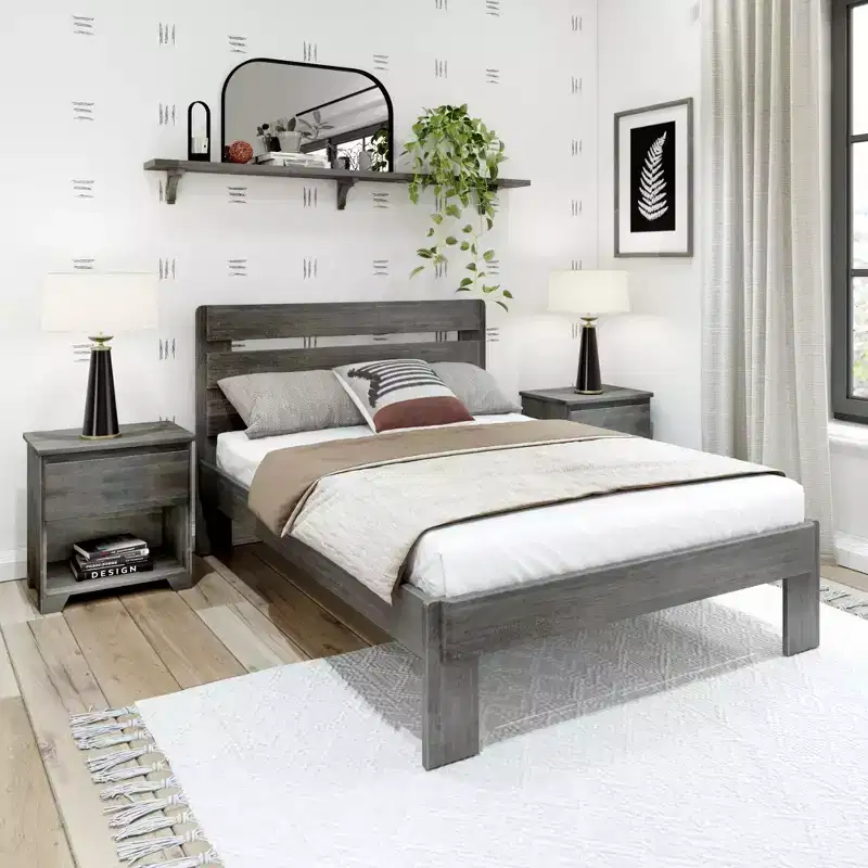 Plank+Beam Farmhouse Full Size Bed Frame with Plank Headboard, Solid Wood Platform Bed