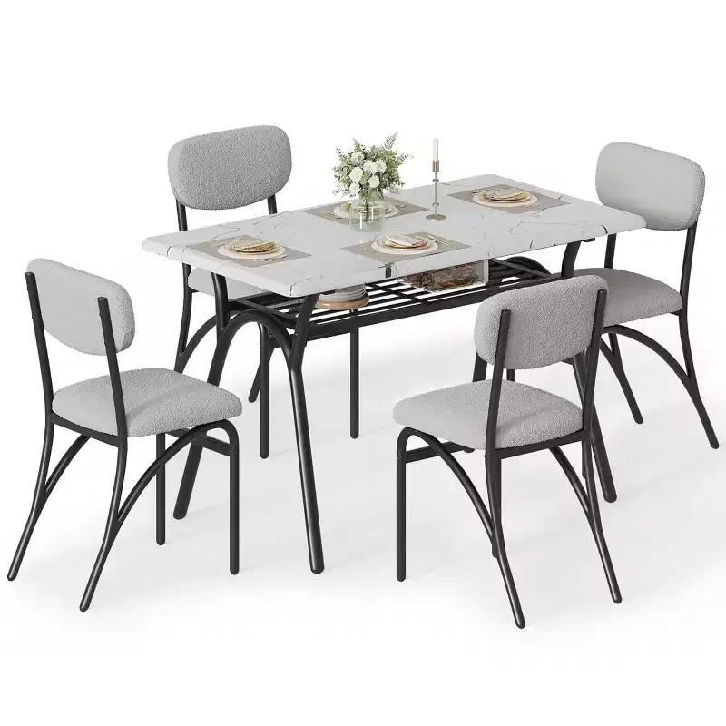 5-Piece Dining Table Set for 4, Modern Kitchen Table with 4 Boucle Chairs, Rectangular Dining Table with Storage Shelf for Breakfast Nook, Apartment
