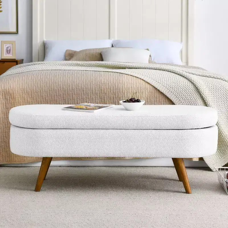 43 Inch Versatile End-of-Bed Ottoman Bench with Storage, Soft Linen, Rubberwood Legs, 250 lbs Capacity