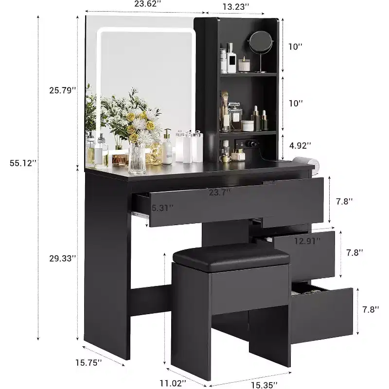 Makeup Vanity Desk With Mirror And Lights, Dressing Table With Outlets, Storage Stool, Drawers And Hair Dryer Holder for Living Romm Bedroom, Black