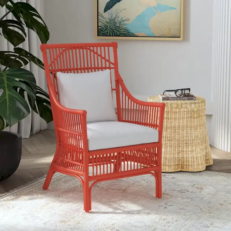 Rattan Slat Back Cushioned Arm Dining Accent Chair by East at Main - 24x25.5x39.25