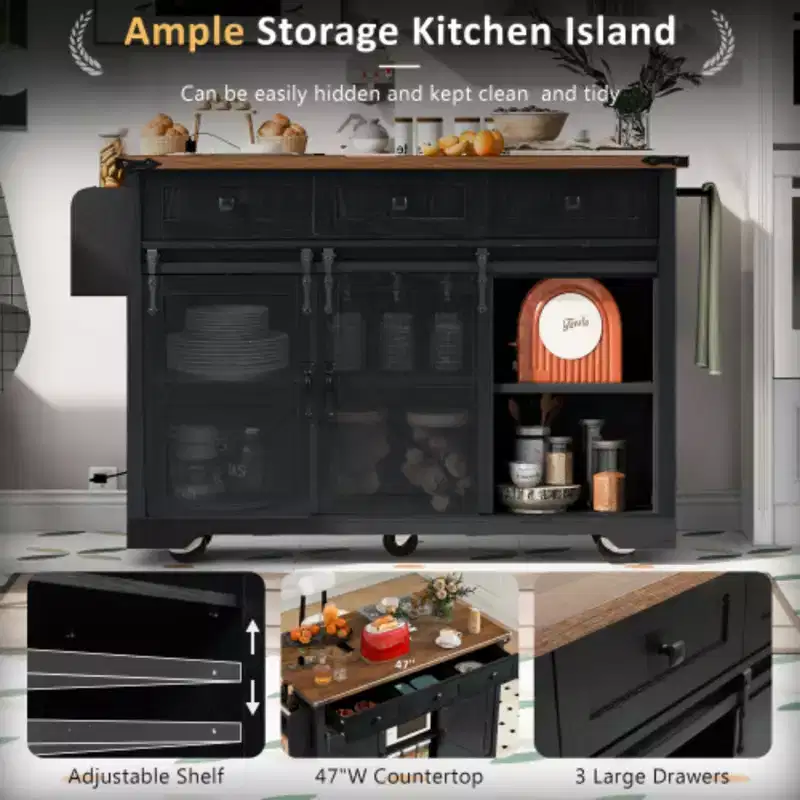 53.7 Black Farmhouse Kitchen Island with Drop Leaf, Rolling Kitchen Cart on Wheels for Home Kitchen Dining Room