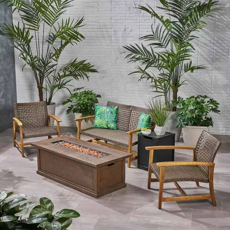 Christopher Knight Home Breakwater Outdoor Acacia Wood and Wicker 4 Seater Chat Set with 50,000BTU Fire Pit