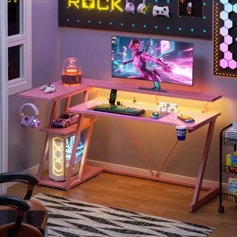 L Shaped Corner Gaming Desk Pink Computer Table with Monitor Stand 3 Tier Storage Shelves Modern Gamer Desk Carbon Fiber Space Saving Setup