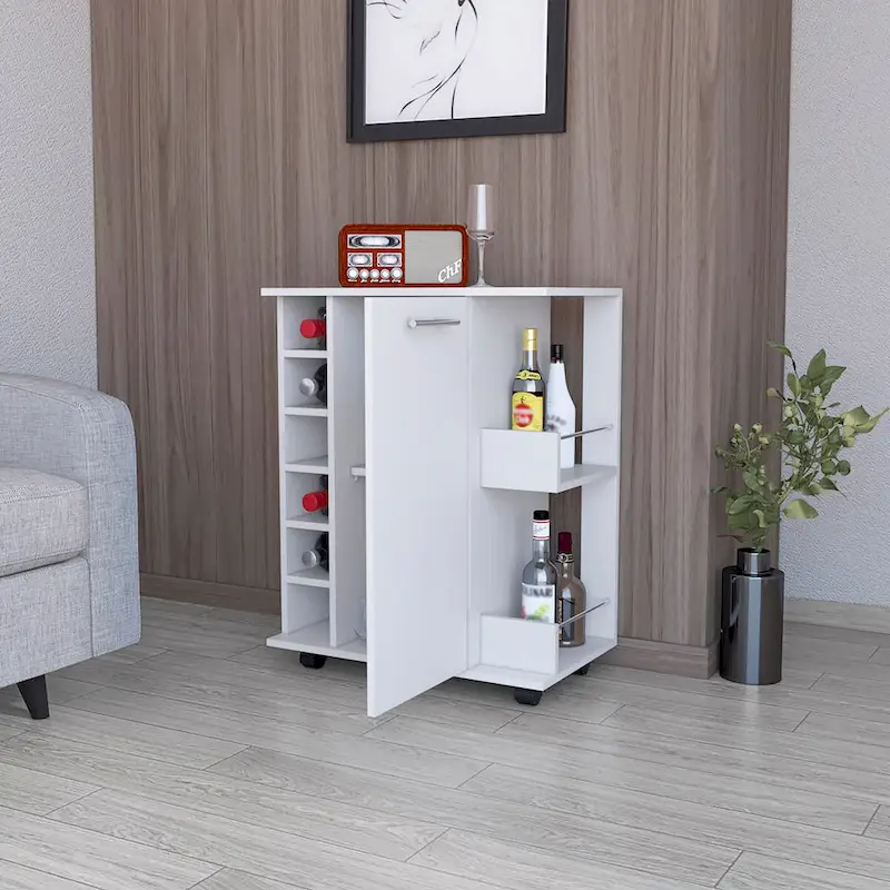 Woodland Bar Cart with Casters, Wine Rack and Open Shelf Black