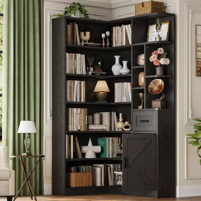 74 Tall Corner Bookshelf  6-Tier L-Shaped Bookcase with Drawer & Cabinets for Home/Office