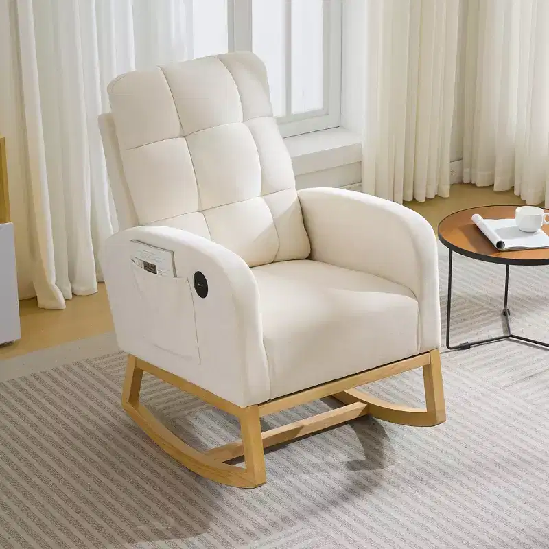 Modern Nursery Rocking Chair, Linen Upholstered Rocking Chair with USB Port & Side Pocket, Rocker Glider for Living Room, Bedroom, Nursing Room