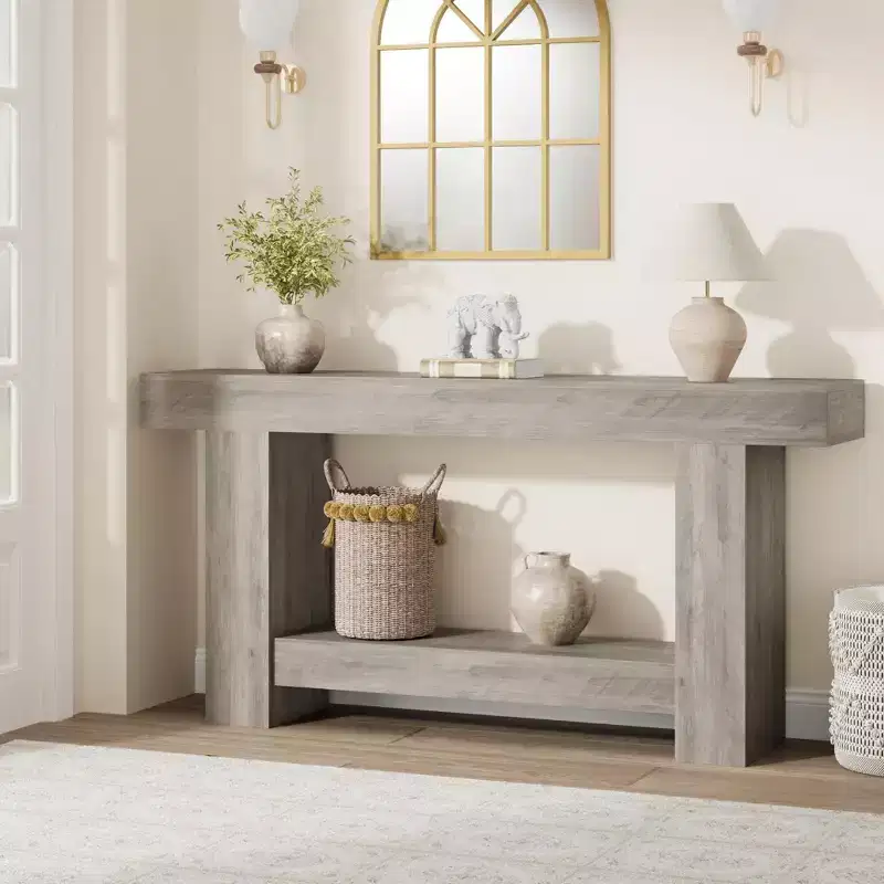 Coolmee 63 Inches Console Table, Farmhouse Console Table for Living Room, 2-Tier Sofa Table with Storage, Wooden Entryway Table