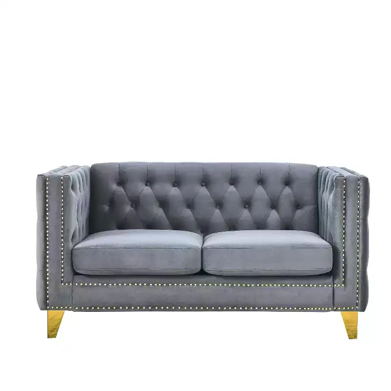 Button-Tufted Velvet 2-Seater Sofa with Square Arms & Metal Legs, Nailhead Trim