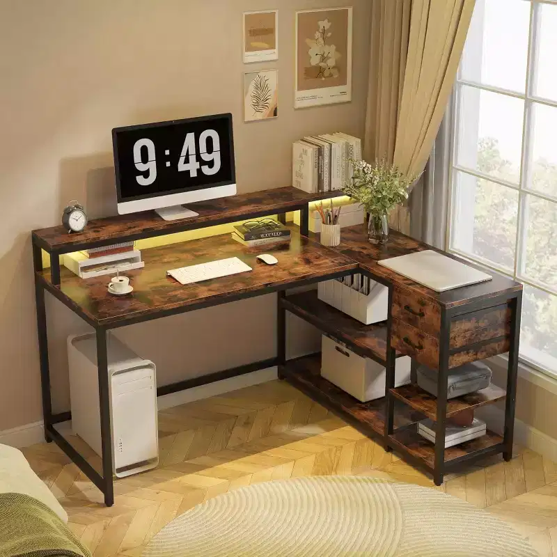 Lantine L-Shaped Desk with Drawers and Storage Shelves, 55 x 24 Inch Corner Computer Table with Monitor Stand for Home Office and Gaming, Small Space