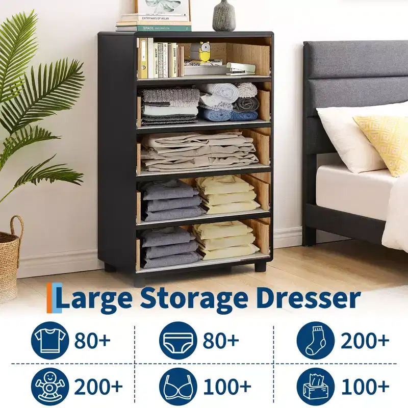 5 Drawers Dresser for Bedroom, 46 Tall Wood Chest of Drawers with Metal Handles, Heavy-Duty TV Stand for Living Room, Closet Storage Organizer