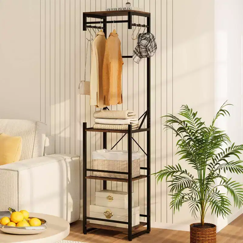 Costway Freestanding Coat Rack with 4 Storage Shelves 6 Hooks & 3 Hanging Rods for Entryway