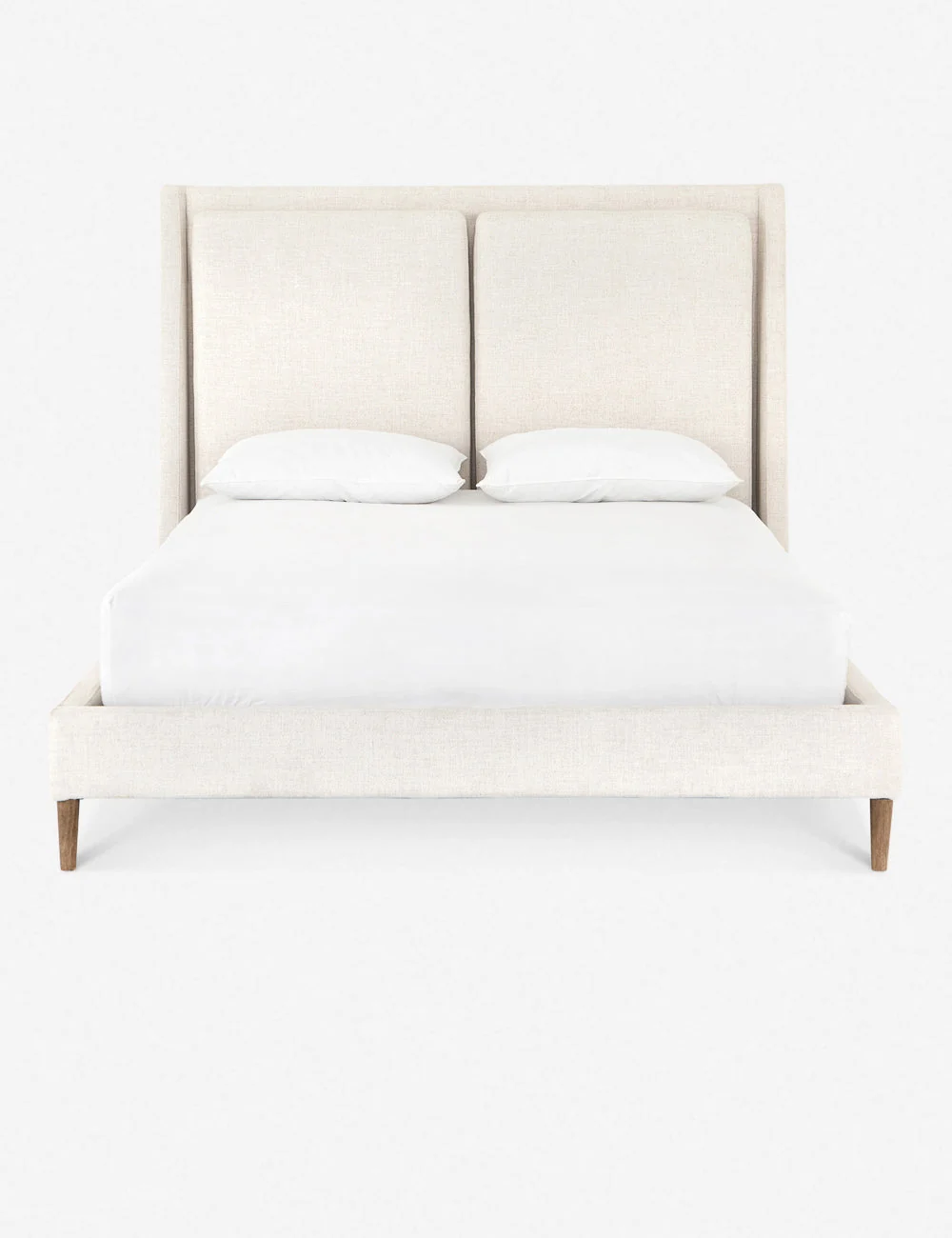 Platform Bed - Upholstered in a soft linen blend, this bed frame features a winged design with a cushion-back headboard in a remarkably balanced