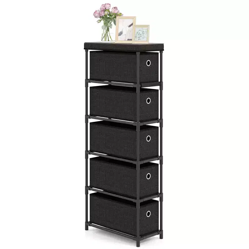 Slim Dresser w/ 5-Drawer Anti-tip Kits Space-Saving Chest of 5 Fabric Drawers