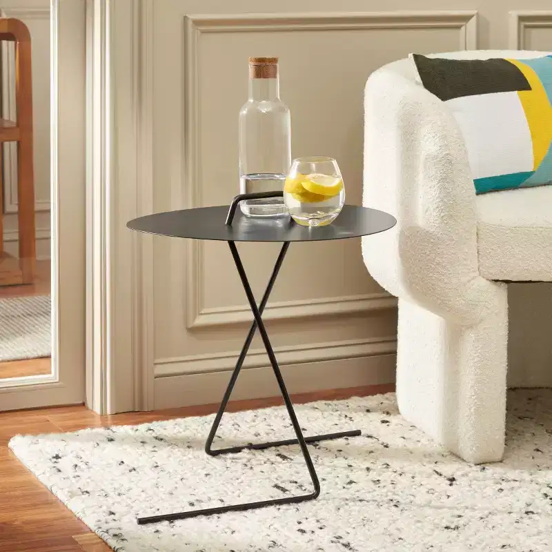 Round Iron Side Table, Matte Black, Angular Legs, 17.7