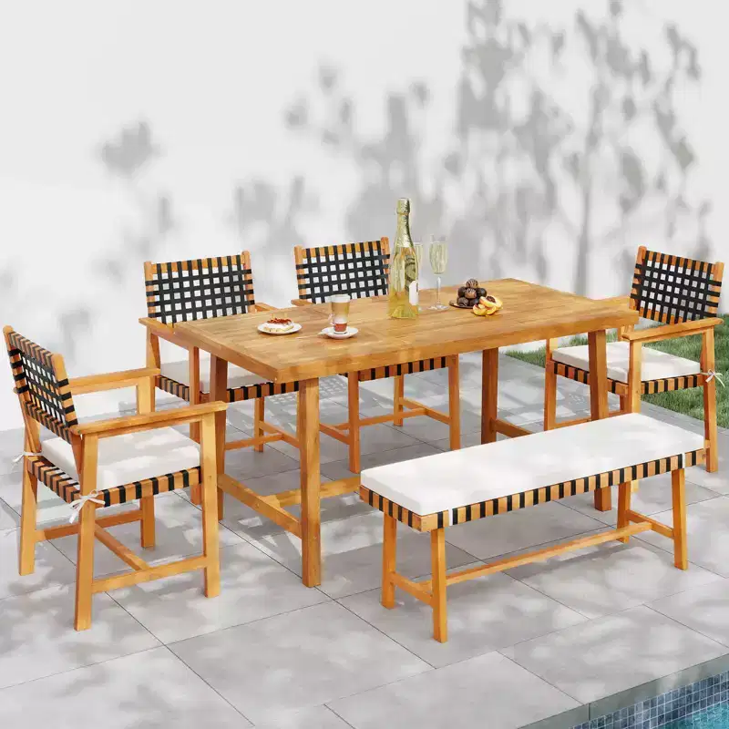 Costway 7PCS Patio Dining Set, Acacia Wood Table & 6 Armchairs with Padded Seat Cushions