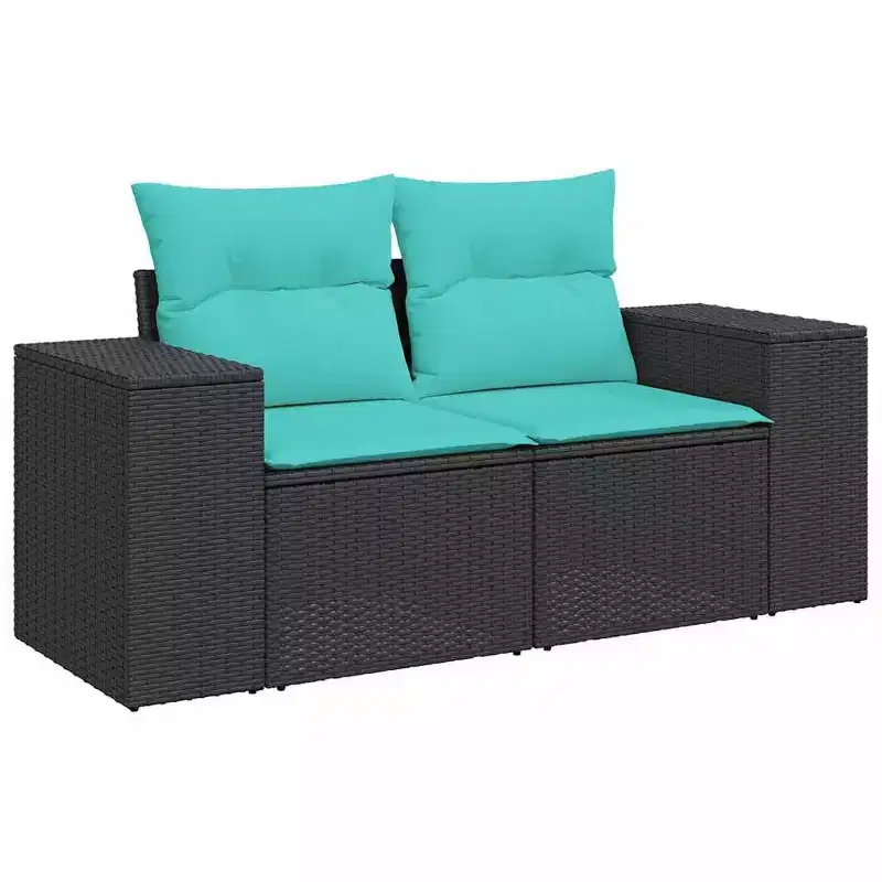 vidaXL Patio Sofa Set Black sofa, Blue cushions PE rattan 6 Piece Set