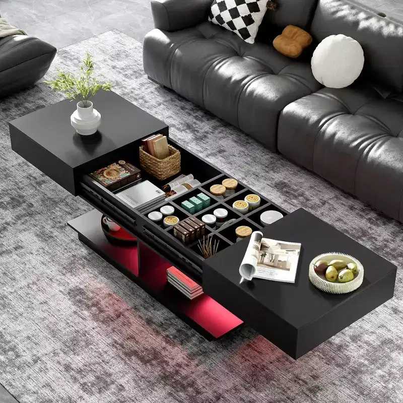 Bestier Extendable Coffee Table with Storage, Modern LED Lighted Coffee Table with Hidden Compartment, Open Shelf for Living Room, Dining Center Table