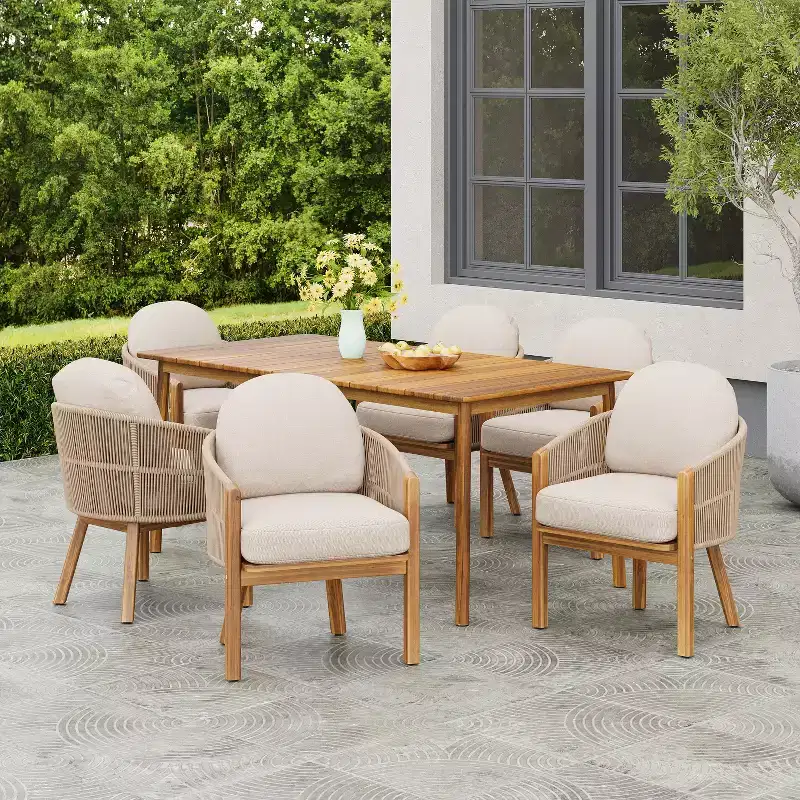 Christopher Knight Home Charles 7 Piece Outdoor Acacia Wood and Rope Dining Set with Cushion