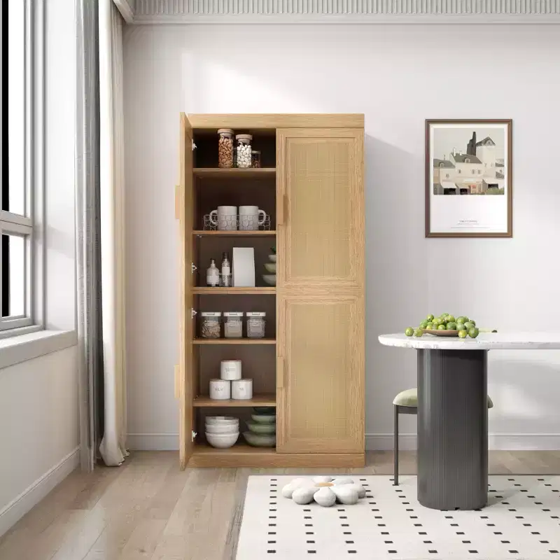 62x31x16 Wood Grain Buffet Cabinet with Breathable Rattan Doors and Adjustable Shelves
