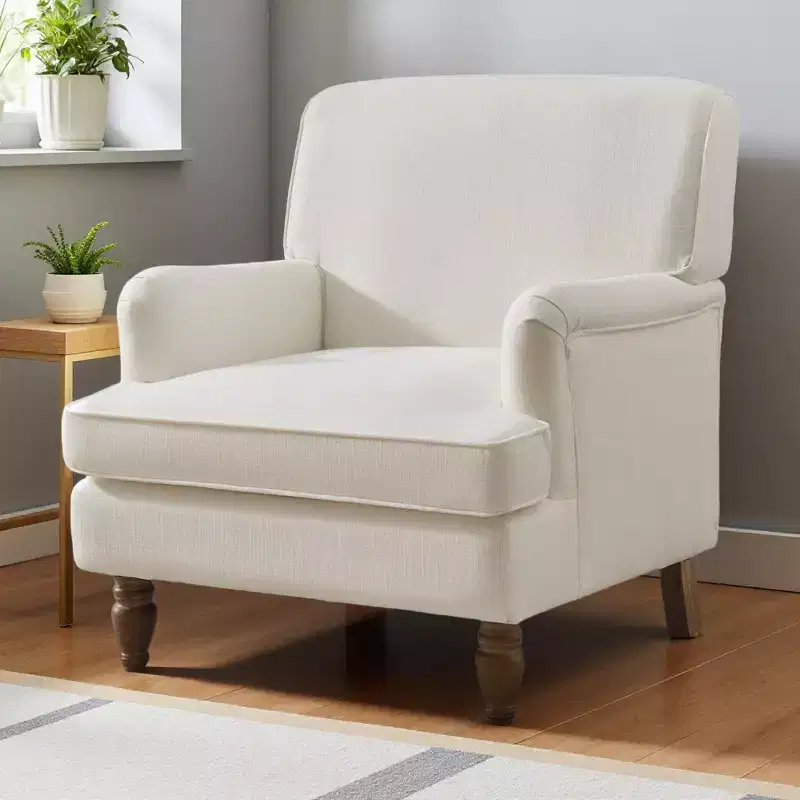 Polibi Linen-Blend Armchair with Rolled Arms & Turned Solid Wood Legs