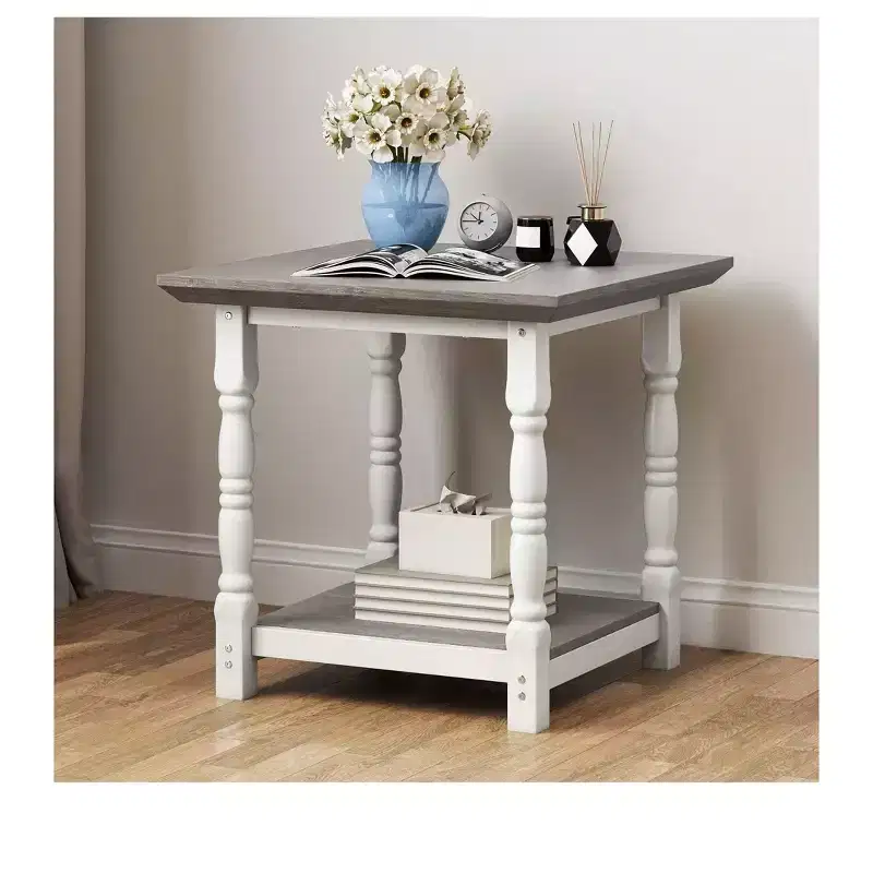Wooden Retro Square Side Table with 2-Tier Open Shelves For Bedroom Living Room Storage Organizer, White