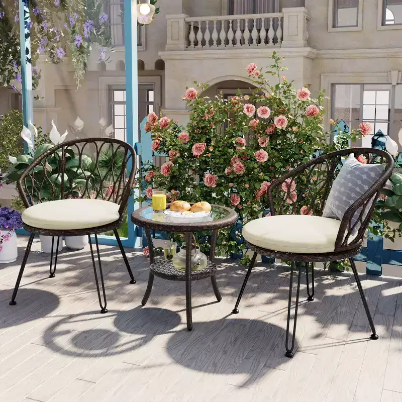GDFStudio Tony Outdoor 3 Piece Rattan Leisure Set with Chairs and Glass Round Table