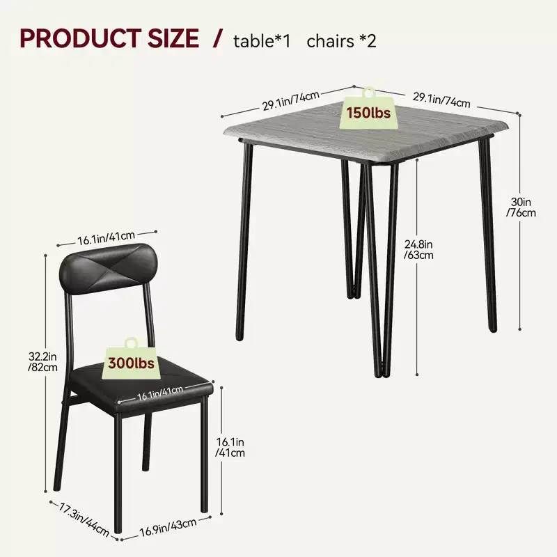3 Piece Dining Table Set, with 2 Upholstered Chairs