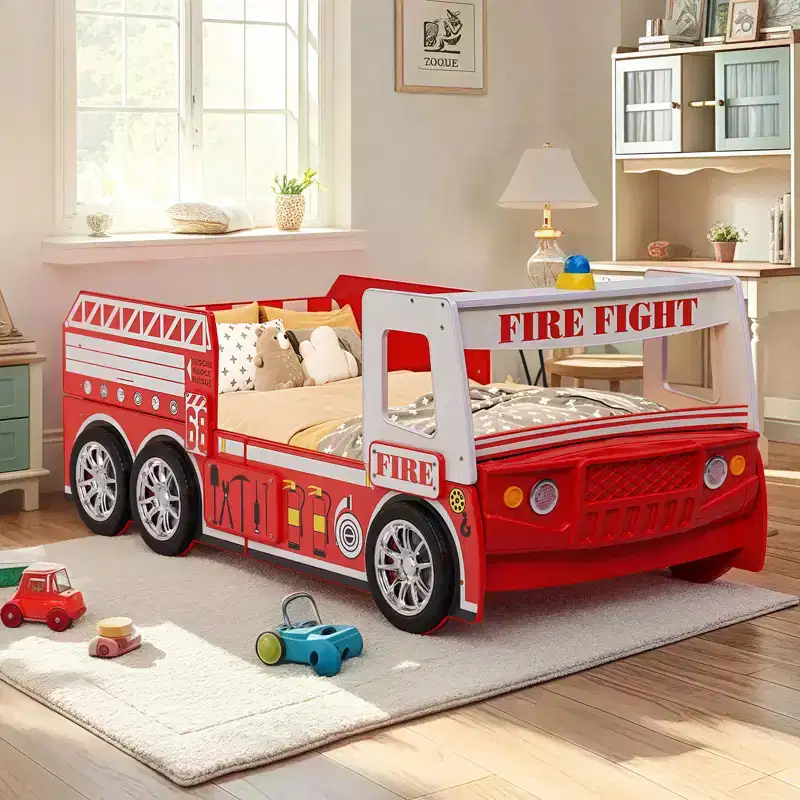GDFStudio Juna Twin Size Fire Truck Bed with LED Light