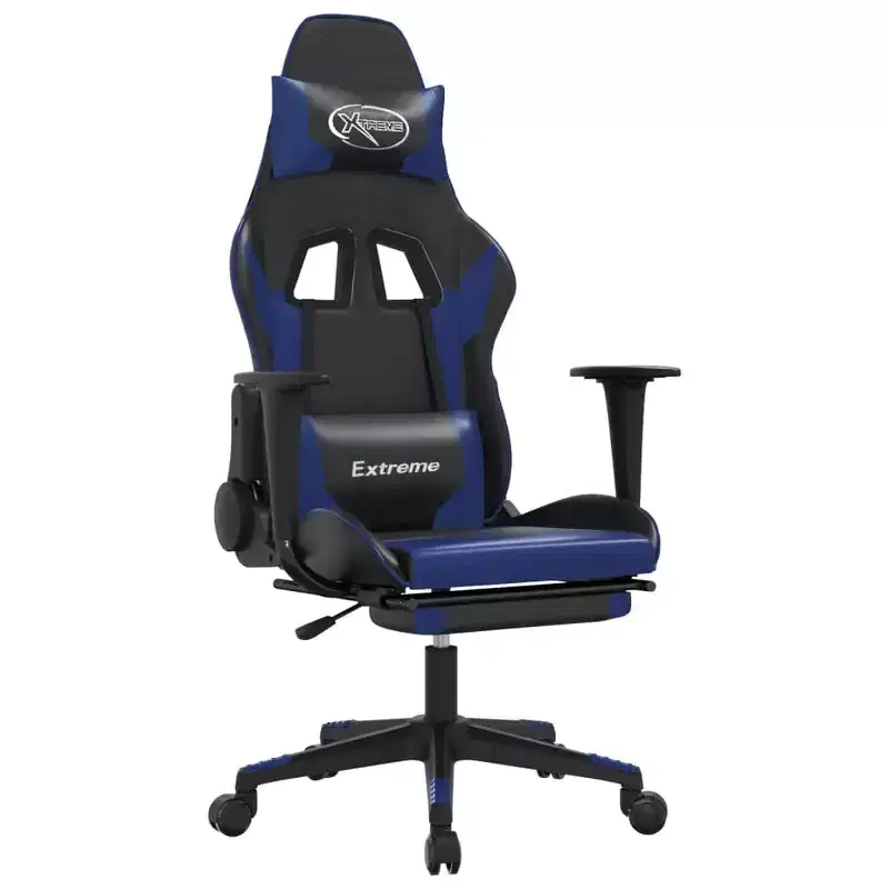 Adjustable Gaming Chair with Footrest and Massage Function, Black & Blue Faux Leather