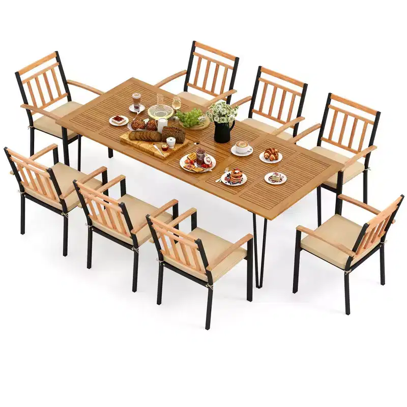 Costway 9 PCS Patio Dining Set with 8 Chairs Acacia Wood Table Top Umbrella Hole for Yard