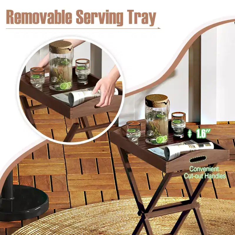 Costway 1/2 PCS Solid Teak Wood Tray Table 28 High Folding Table with Removable Tray Top