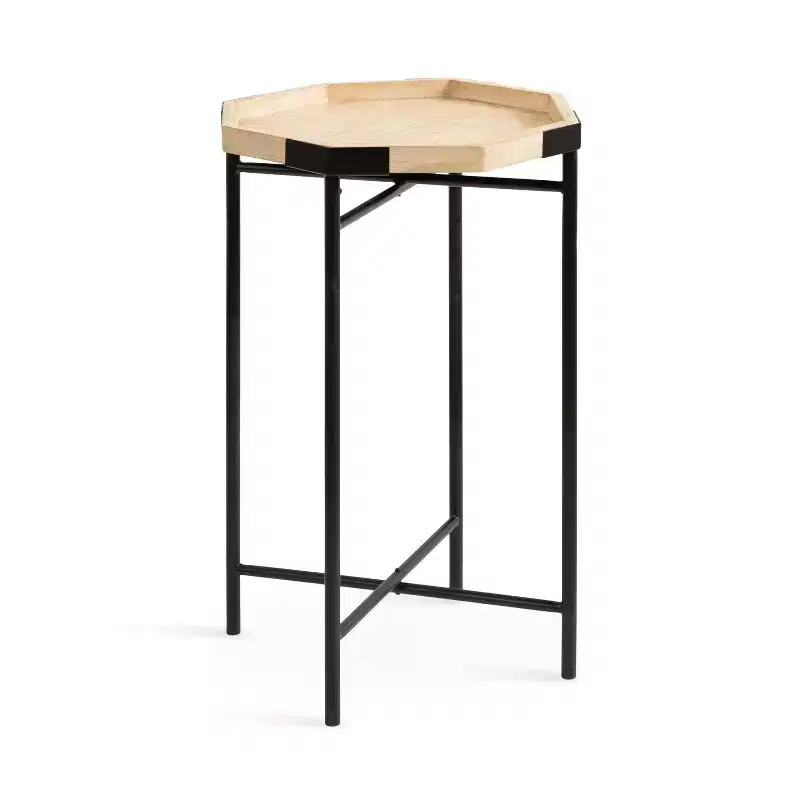 Octagon Wood Side Table - Natural Finish, Satin Black Metal Base, 15x15x24