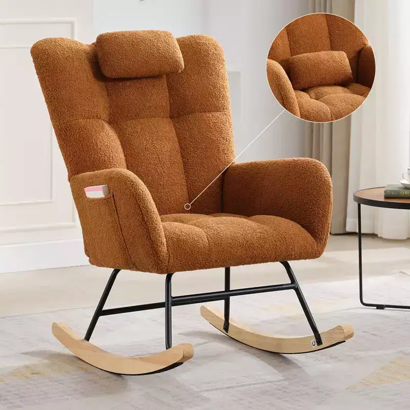 Nursery Glider Rocker Chair  Teddy Fabric, High Back with Head Support, Brown Accent Rocking Chair for Bedroom or Living Room
