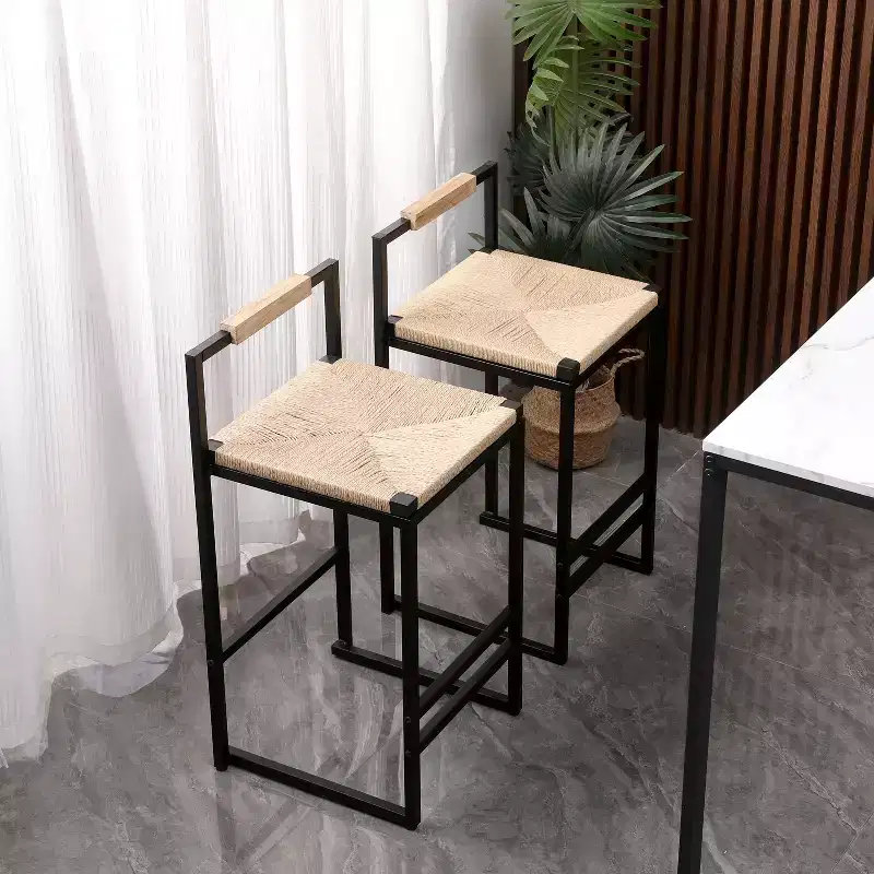 Okak 25 Paper Rope Woven Bar Height Stools with Backrest&Footrest Set of 2, Counter Stools for Dining Table&Kitchen Island, Natural