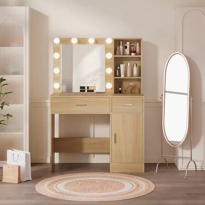 HYLEORY Vanity Desk with Mirror, Power Outlet and 10 Lights, Makeup Table with 3 Drawers,3 Color Modes Available for Bedroom